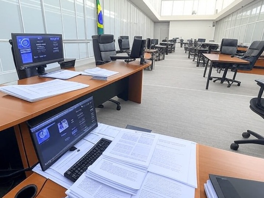 Sala de mediação familiar virtual no TJDFT em Brasília, com telas de computador e símbolos jurídicos, representando acordos em mutirão.