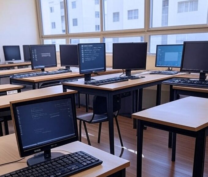Sala de aula vazia com computadores em instituto educacional de Ceilândia, representando cursos gratuitos de informática do IFB.