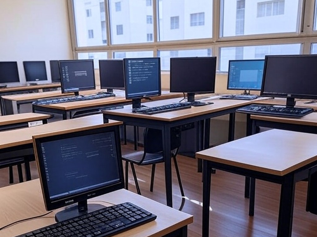 Sala de aula vazia com computadores em instituto educacional de Ceilândia, representando cursos gratuitos de informática do IFB.