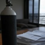 Cilindro de oxigênio e conta de energia alta em residência no DF, ilustrando custos elevados para oxigenoterapia apesar de desconto tardio.