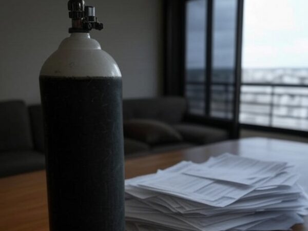 Cilindro de oxigênio e conta de energia alta em residência no DF, ilustrando custos elevados para oxigenoterapia apesar de desconto tardio.