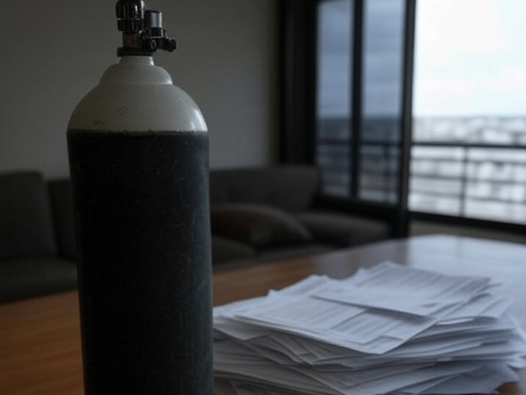 Cilindro de oxigênio e conta de energia alta em residência no DF, ilustrando custos elevados para oxigenoterapia apesar de desconto tardio.