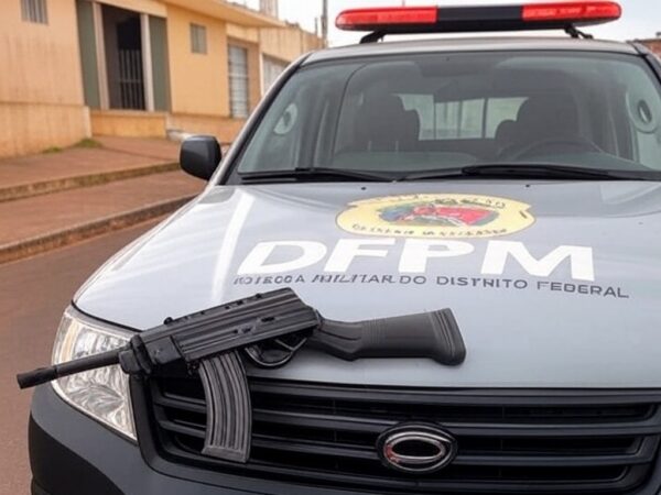 Viatura da Polícia Militar em Ceilândia com carabina apreendida após denúncia de ameaças.