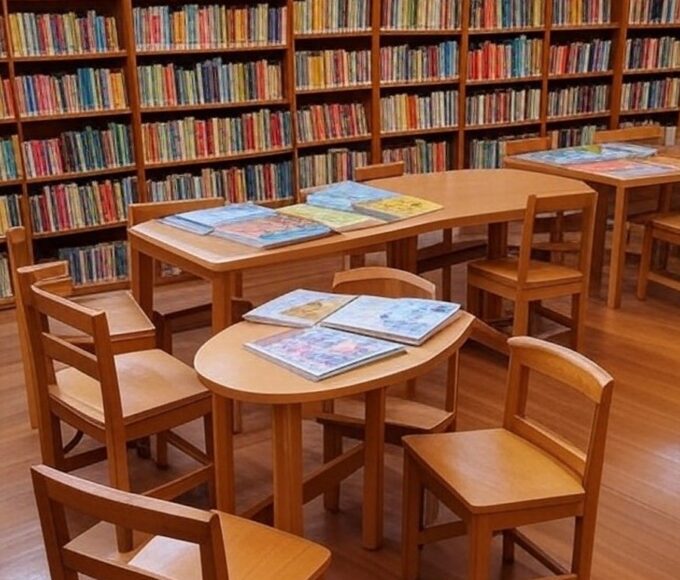 Sala de biblioteca em Ceilândia com livros e cadeiras para contação de histórias, incentivando leitura em famílias.