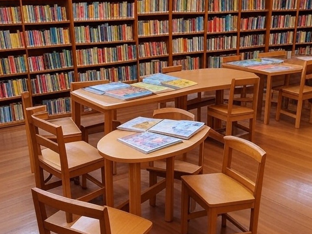 Sala de biblioteca em Ceilândia com livros e cadeiras para contação de histórias, incentivando leitura em famílias.