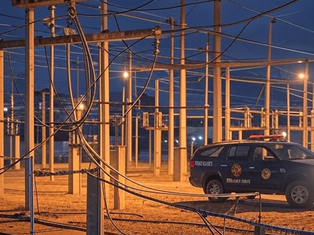 Subestação elétrica em Brasília com cabos danificados e viatura da PMDF, representando tentativa de furto no DF.