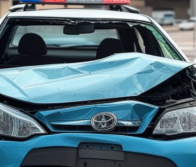 Viatura oficial da PMDF danificada em acidente em avenida de Brasília, representando ônus aos cofres públicos do DF.