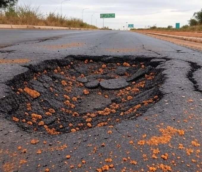 Buraco na estrada EPNB em Brasília, causando danos a veículos, conforme condenação do DER/DF.