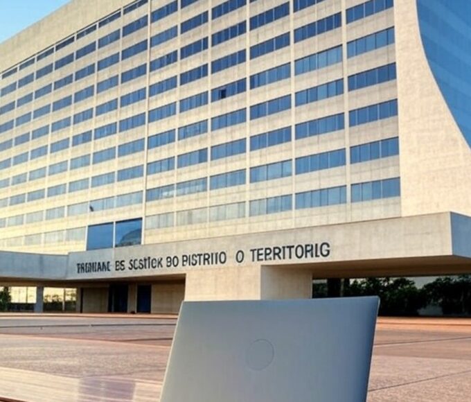 Fachada do TJDFT em Brasília com laptop representando falhas em invasão de e-mail no Google Brasil.