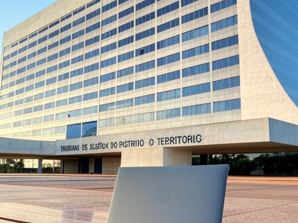 Fachada do TJDFT em Brasília com laptop representando falhas em invasão de e-mail no Google Brasil.