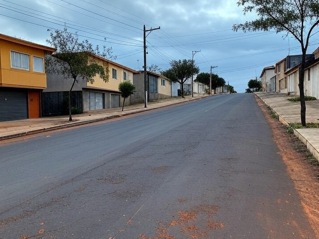 Rua residencial vazia em Ceilândia, Brasília, representando local de tiroteio trágico.