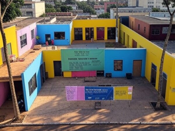 Centro comunitário em Ceilândia com banners de Ação Mulher Cidadã, promovendo serviços gratuitos pela Secretaria da Mulher do DF.