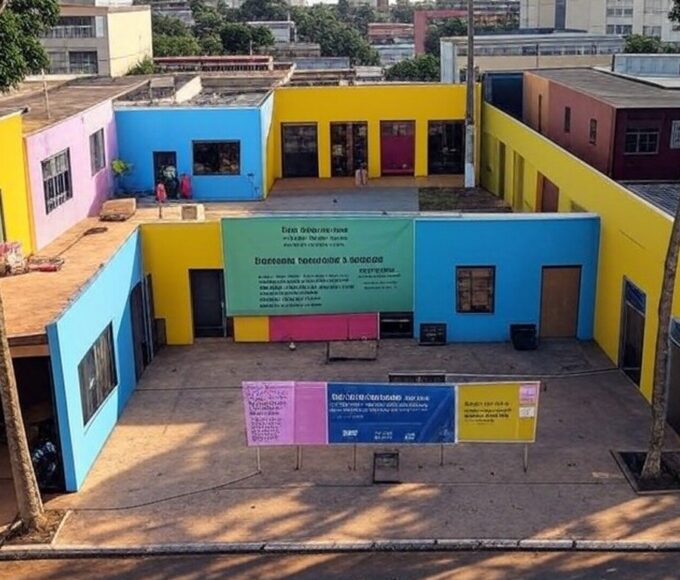 Centro comunitário em Ceilândia com banners de Ação Mulher Cidadã, promovendo serviços gratuitos pela Secretaria da Mulher do DF.