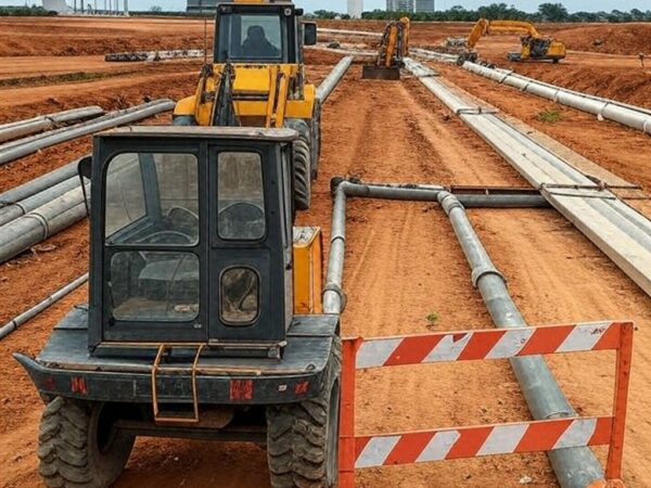 Canteiro de obras de saneamento suspenso no Catetinho, Brasília, por irregularidades em licitação da Caesb.
