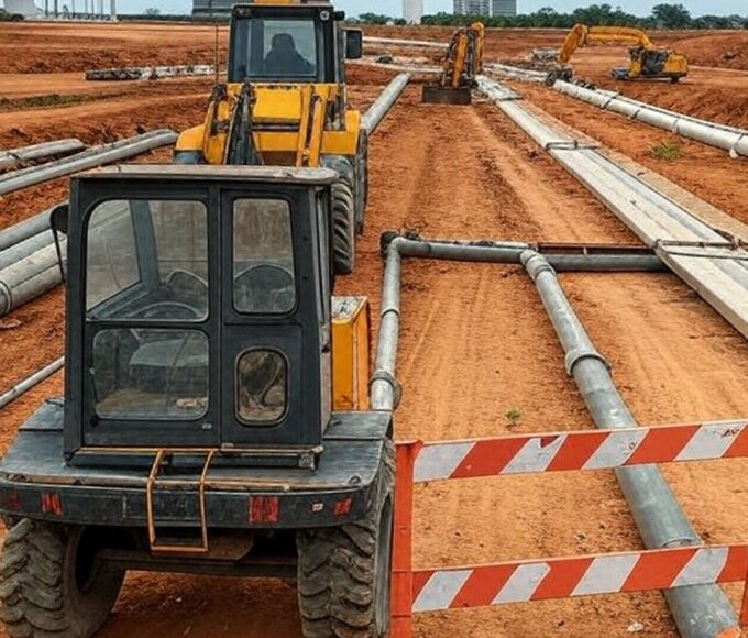 Canteiro de obras de saneamento suspenso no Catetinho, Brasília, por irregularidades em licitação da Caesb.