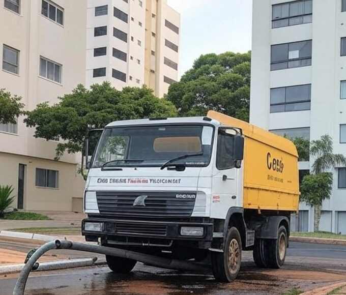 Rua na Asa Norte, Brasília, com manutenção de água da Caesb causando transtornos perto do Senado e Presidência.