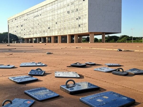 Edifício do TJDFT em Brasília com símbolos de cartões de crédito bloqueados, representando condenação por bloqueio indevido em evento.