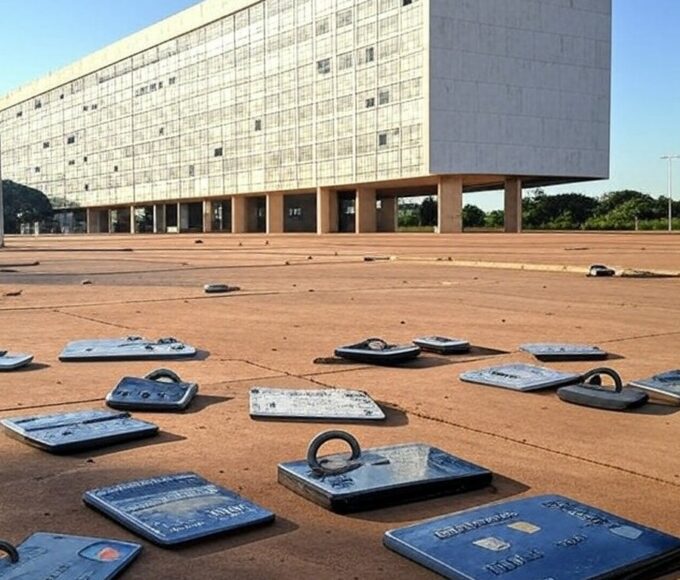 Edifício do TJDFT em Brasília com símbolos de cartões de crédito bloqueados, representando condenação por bloqueio indevido em evento.