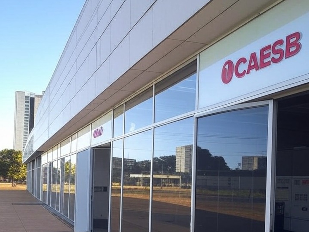 Fachada de posto de atendimento da Caesb em Brasília com relógios indicando horários ampliados de atendimento presencial no DF.