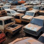 Pátio com veículos e peças recicláveis para leilão virtual do TJDFT em 2026.