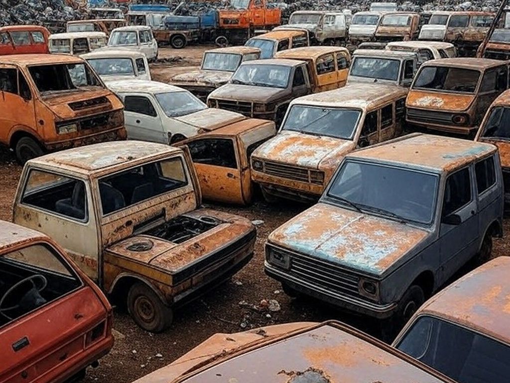 Pátio com veículos e peças recicláveis para leilão virtual do TJDFT em 2026.