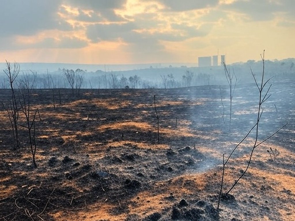 Área de cerrado queimado no Distrito Federal, com vegetação carbonizada e fumaça, destacando danos ambientais no DF.