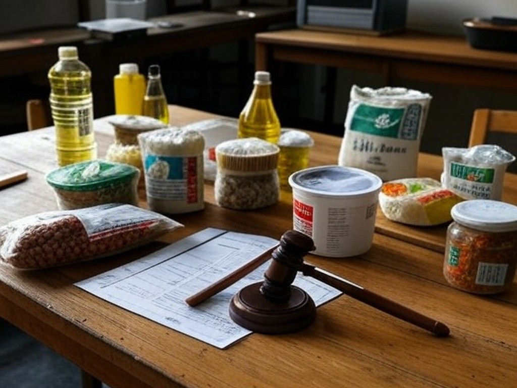 Cesta básica com alimentos e documentos bancários simbolizando golpe e decisão judicial no Brasil.