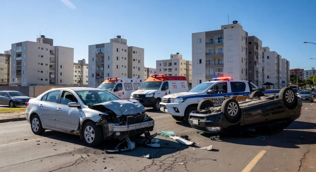 Cena de colisão de veículos em rua de Ceilândia, DF, com carros danificados e viaturas de emergência.