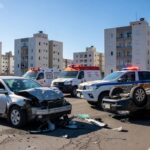 Cena de colisão de veículos em rua de Ceilândia, DF, com carros danificados e viaturas de emergência.