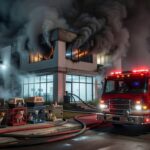 Clínica veterinária em Ceilândia com incêndio, caminhão de bombeiros e animais resgatados.