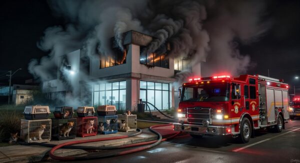 Clínica veterinária em Ceilândia com incêndio, caminhão de bombeiros e animais resgatados.