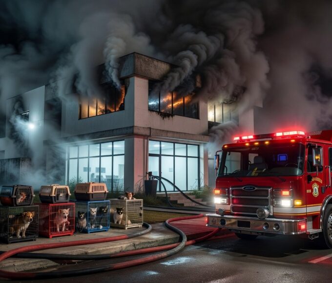 Clínica veterinária em Ceilândia com incêndio, caminhão de bombeiros e animais resgatados.