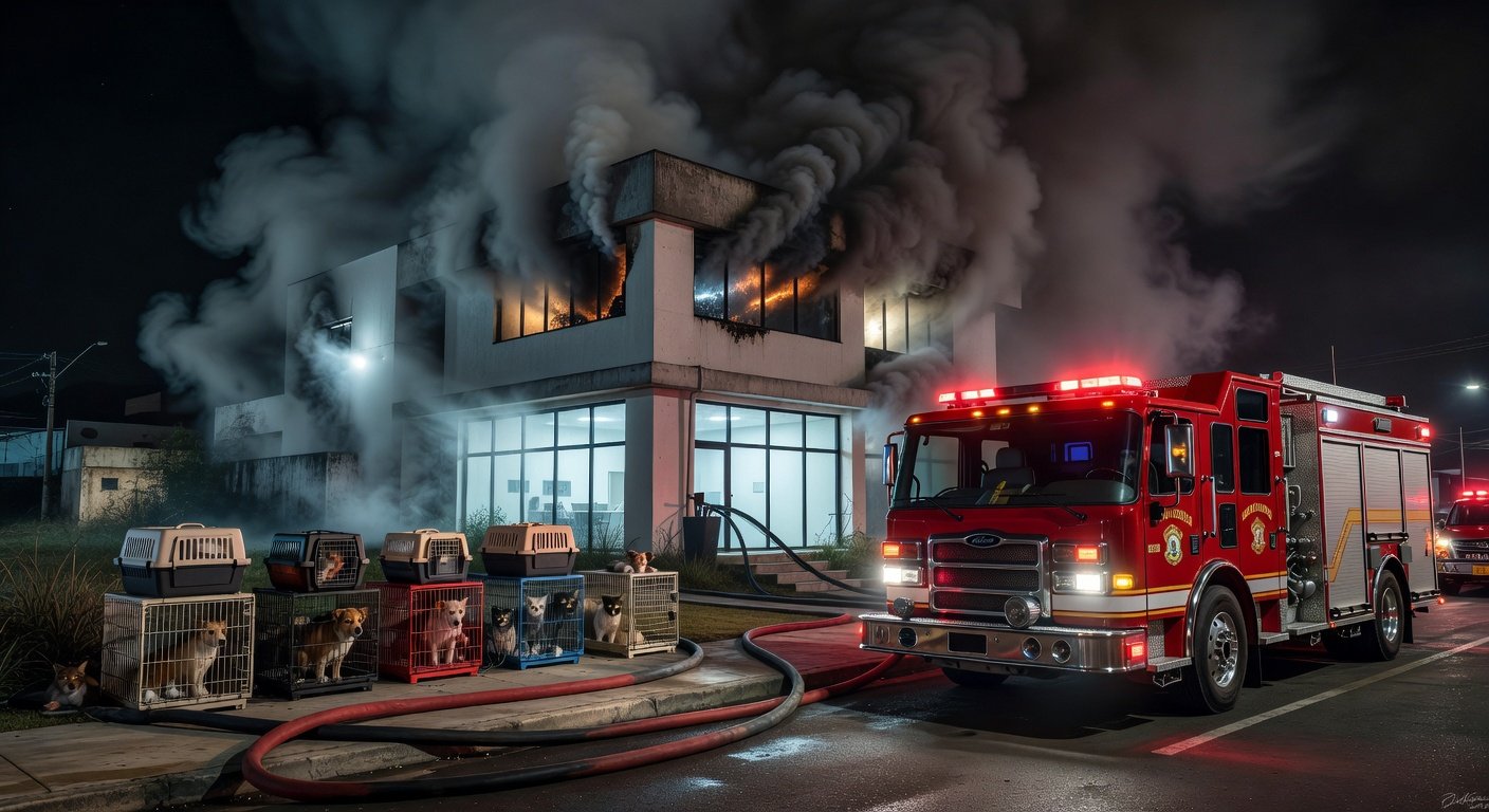 Clínica veterinária em Ceilândia com incêndio, caminhão de bombeiros e animais resgatados.