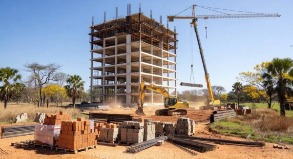 Canteiro de obras do novo Capsi infantojuvenil em Recanto das Emas, Distrito Federal, com 40% de avanço na construção.