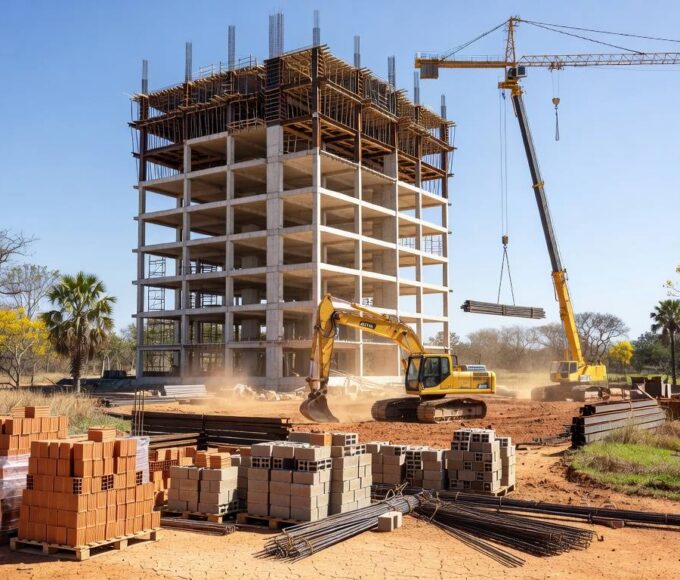 Canteiro de obras do novo Capsi infantojuvenil em Recanto das Emas, Distrito Federal, com 40% de avanço na construção.