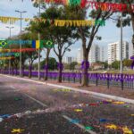 Rua de Brasília no Carnaval com confetes e máscaras, representando campanha contra assédio da CLDF.
