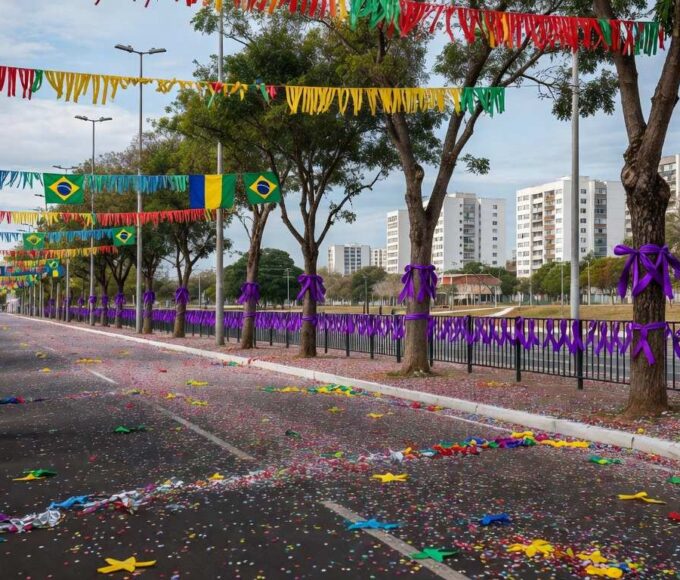 Rua de Brasília no Carnaval com confetes e máscaras, representando campanha contra assédio da CLDF.