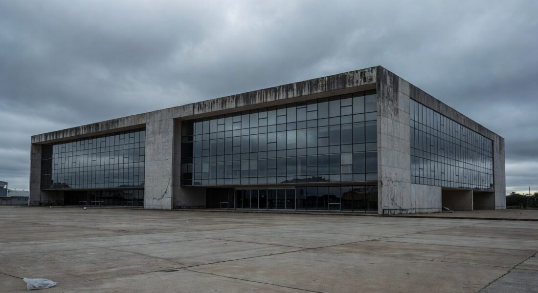 Prédio governamental abandonado em Brasília representando falhas na proteção a mulheres e idosos no DF.
