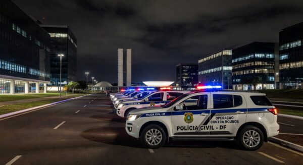 Viaturas da Polícia Civil do DF em operação de prisão por dopagem e roubo em Brasília.
