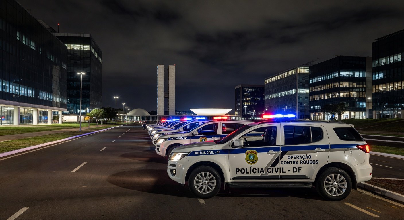 Viaturas da Polícia Civil do DF em operação de prisão por dopagem e roubo em Brasília.