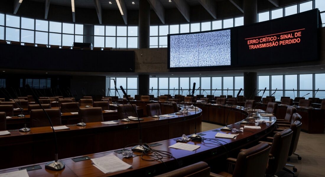 Fachada da CLDF com telas transmitindo sessão ao vivo, sob críticas por opacidade no Legislativo.