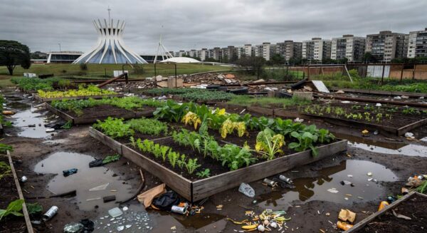 Horta urbana em Brasília com riscos de contaminação e desperdício de água na agricultura.