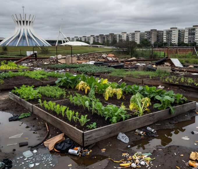 Horta urbana em Brasília com riscos de contaminação e desperdício de água na agricultura.