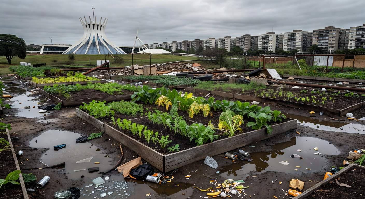 Horta urbana em Brasília com riscos de contaminação e desperdício de água na agricultura.