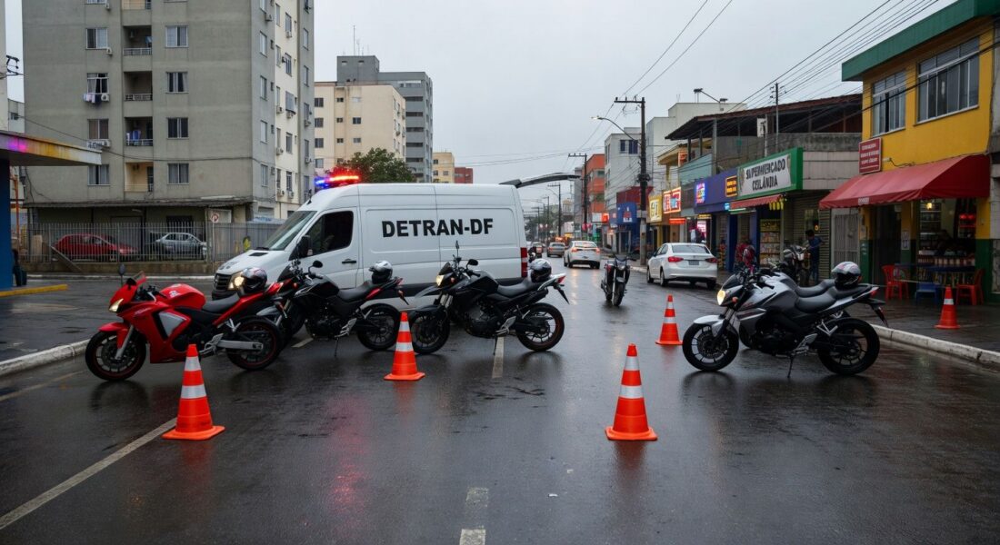 Blitz do Detran-DF em Ceilândia com motocicletas paradas e viatura de fiscalização de trânsito.
