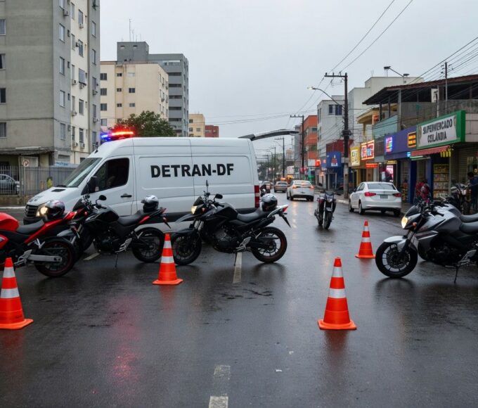 Blitz do Detran-DF em Ceilândia com motocicletas paradas e viatura de fiscalização de trânsito.