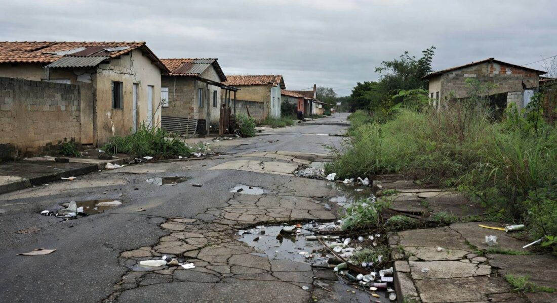 Rua deteriorada em Nova Colina, Brasília, com buracos, lixo e prédios abandonados, expondo descaso e falhas graves.