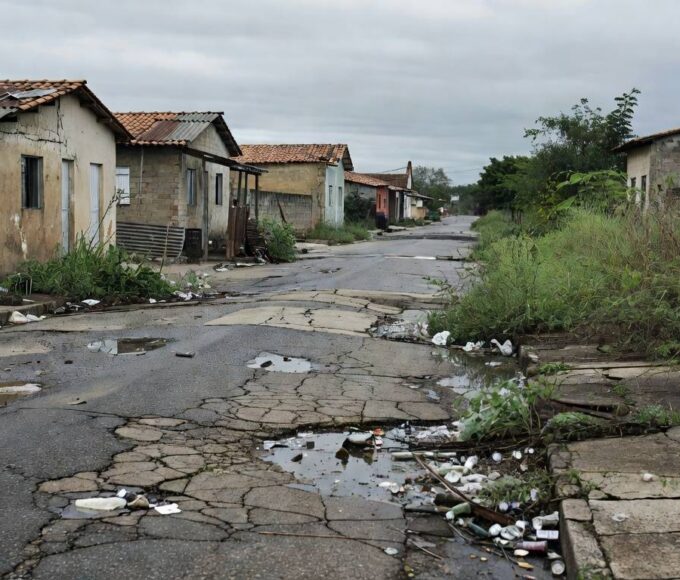 Rua deteriorada em Nova Colina, Brasília, com buracos, lixo e prédios abandonados, expondo descaso e falhas graves.