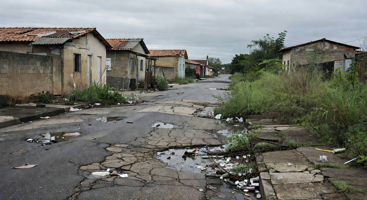 Rua deteriorada em Nova Colina, Brasília, com buracos, lixo e prédios abandonados, expondo descaso e falhas graves.
