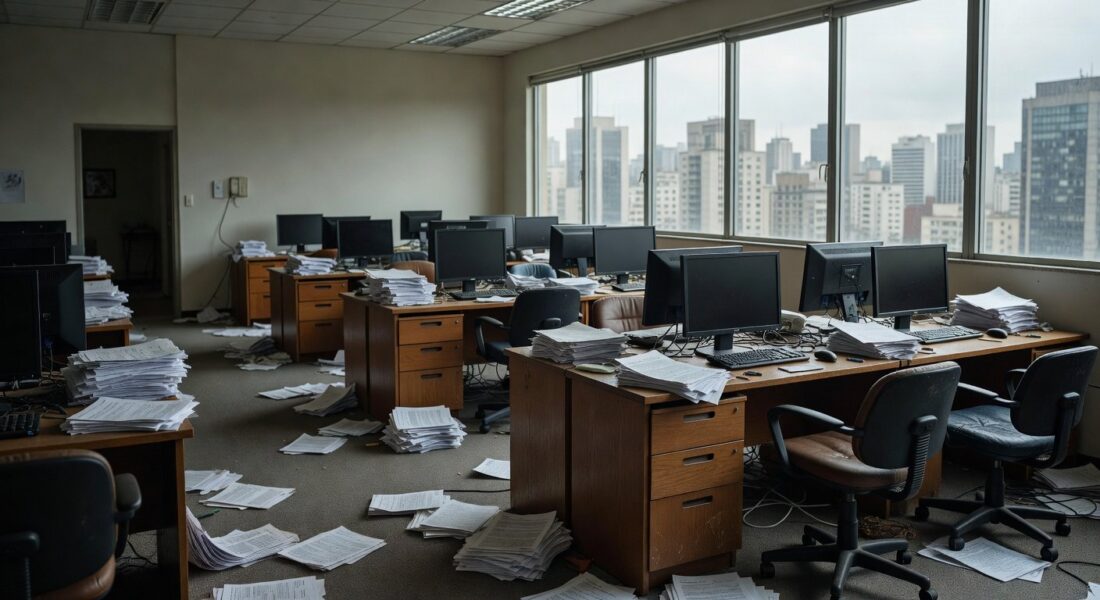 Mesa de redação jornalística com jornais e lupa, alertando sobre riscos de fake news no Brasil.